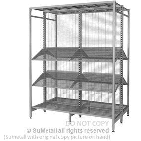 Outrigger Gondola Shelving with wire mesh grid panel and Chrome wire shelf